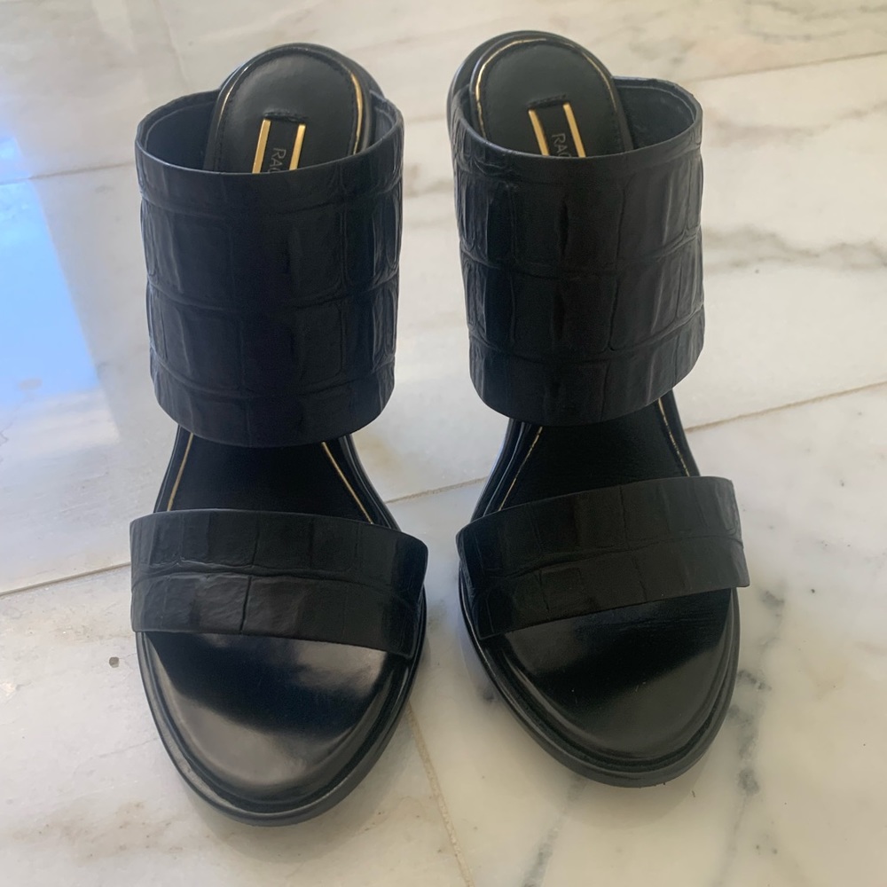 Rachel Zoe. Leather, animal embossed print on straps. Open toe heels. Like new